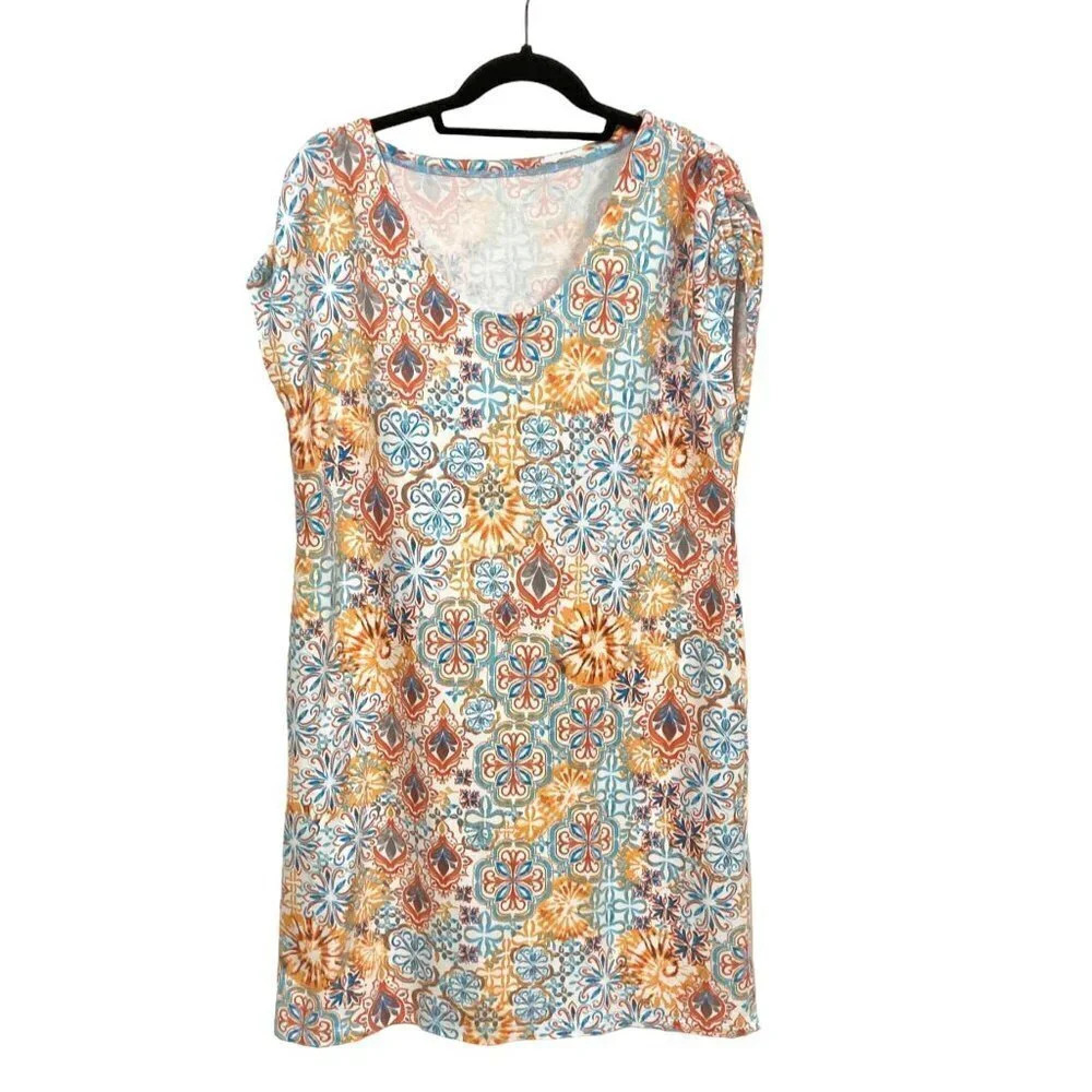 T by Talbots Casual Pullover Short Dress, Size Large, Colorful Geometric Pattern